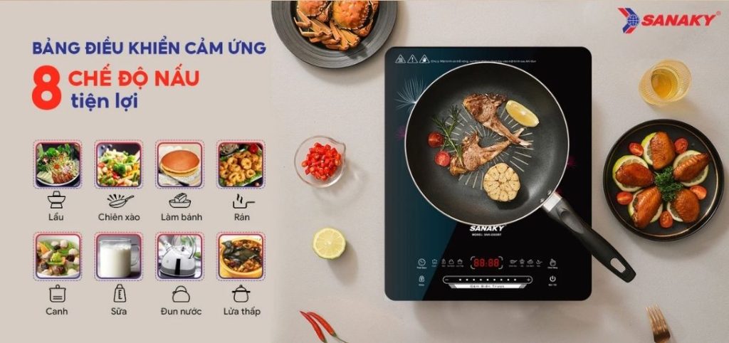 Bảng điều khiển cảm ứng với 8 chế độ nấu tiện lợi