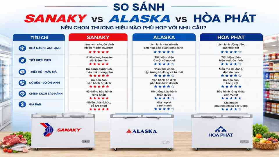Tiêu chí So sánh tủ đông Sanaky, Alaska và Hòa Phát