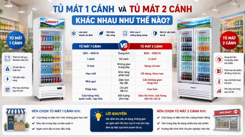 Tủ Mát 1 Cánh Và Tủ Mát 2 Cánh Khác Nhau Như Thế Nào