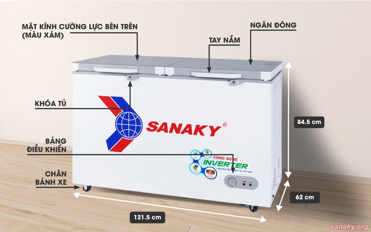 Kích thước tủ đông inverter Sanaky VH-3699A4K