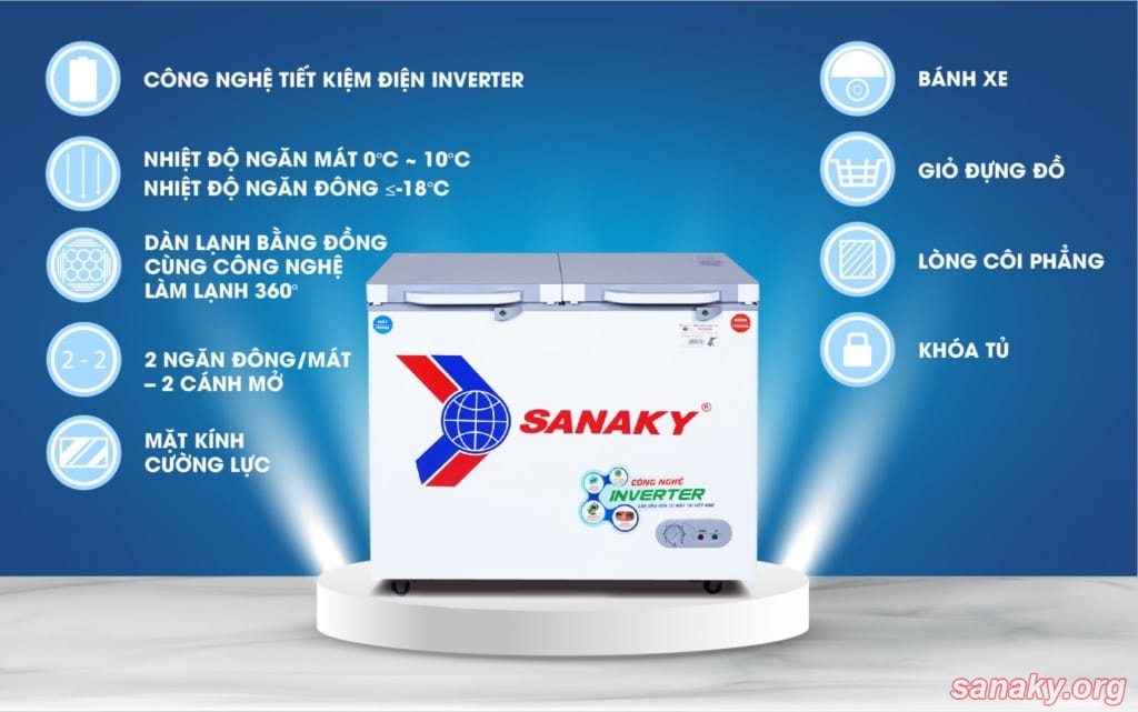 Tủ đông mát Sanaky loại 2 ngăn 2 cánh kính cường lực