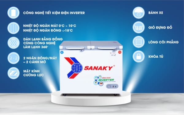 Tủ đông mát Sanaky loại 2 ngăn 2 cánh kính cường lực