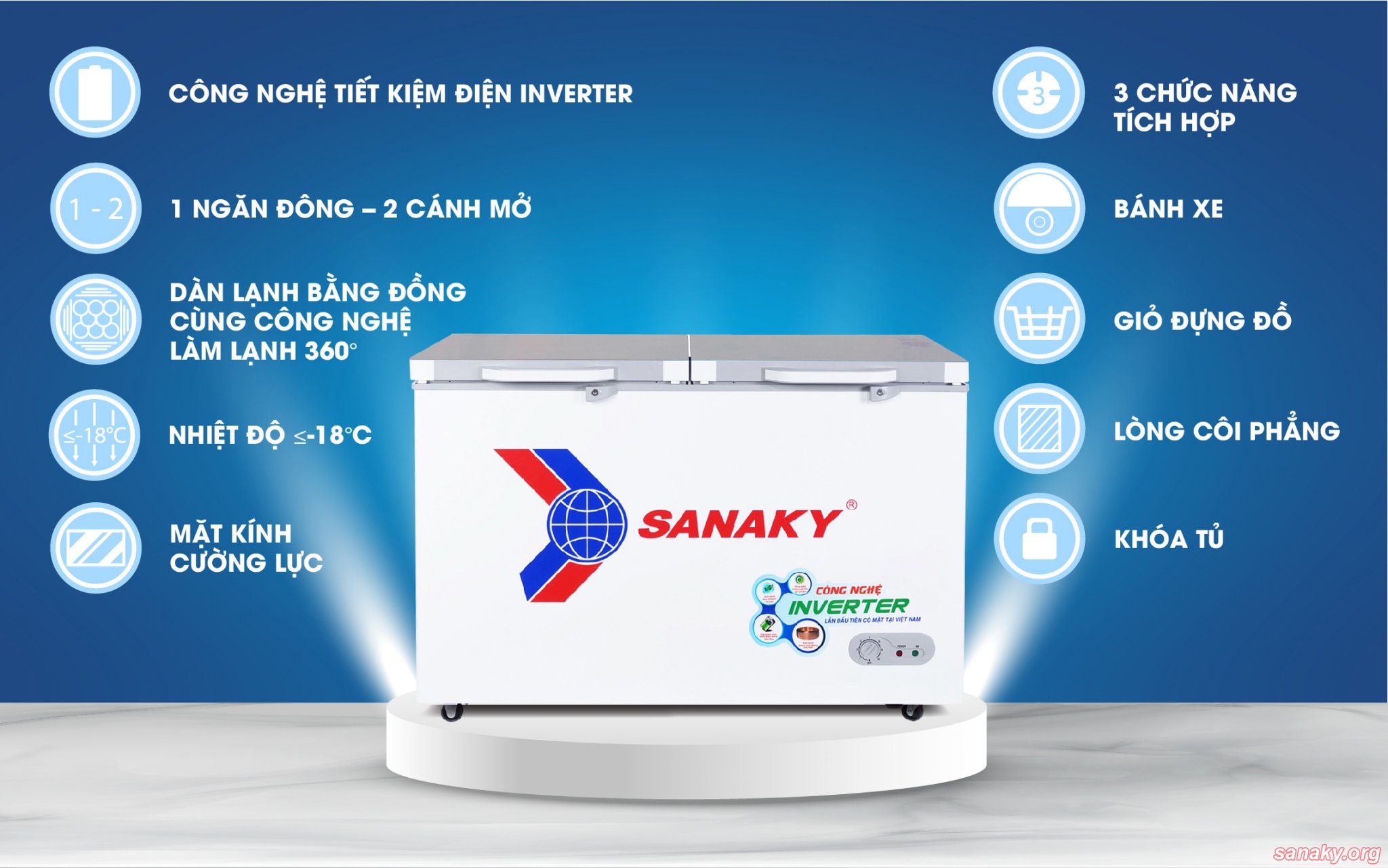 Tủ đông Sanaky loại 1 ngăn 2 cánh kính cường lực, công nghệ tiết kiệm điện Inverter model VH-2599A4K, VH-2899A4K, VH-3699A4K