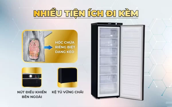Tủ đông đứng VH-230K3 thiết kế với 7 hộc chứa dễ dàng cho việc vệ sinh và sắp xếp thực phẩm