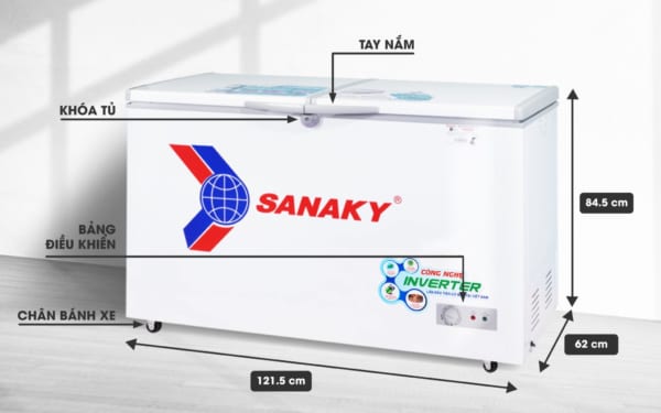 Kích thước Tủ đông Sanaky Inverter VH-3699A3 dung tích 360 lít