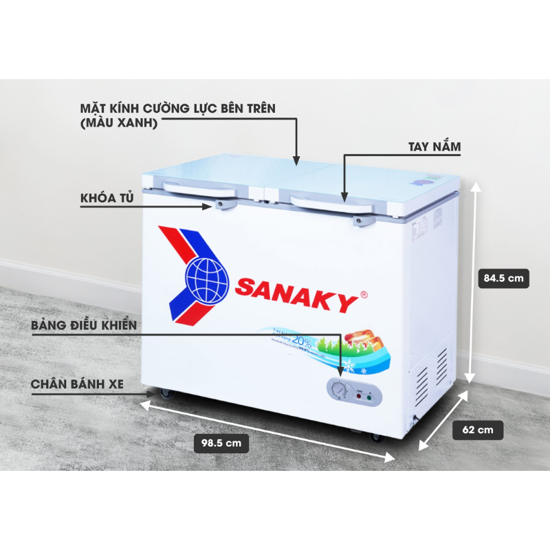 Kích thước tủ đông Sanaky VH-2599A2KD