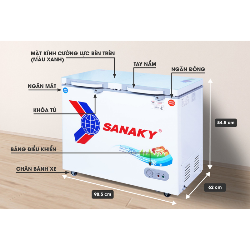 Kích thước sử dụng của tủ đông Sanaky 2 ngăn VH-2599W2KD