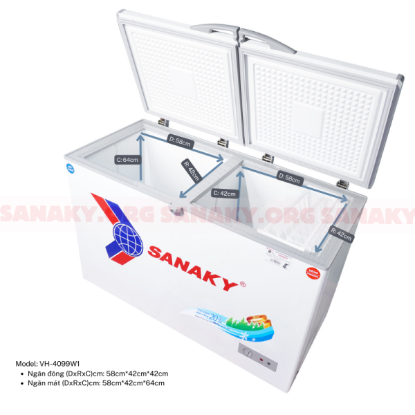 Kích thước lòng trong tủ đông dàn đồng Sanaky VH-4099W1
