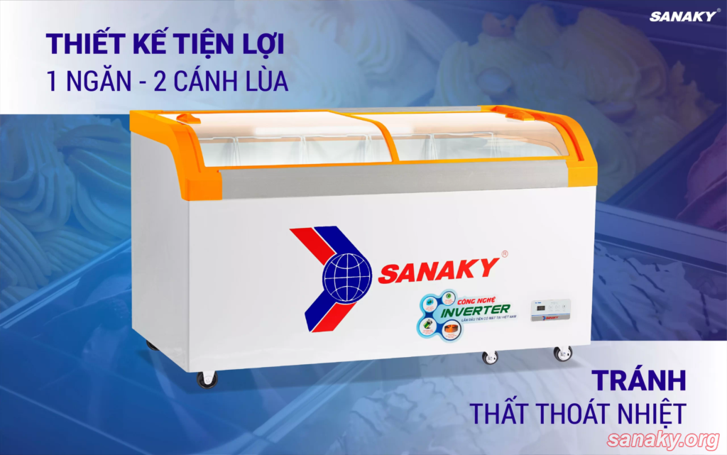 Tủ đông Inverter Sanaky mặt kính cong có thiết kế mặt kính lùa chịu lực